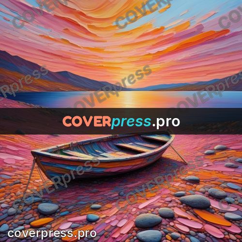 Acrylic illustration: boat on the shore at sunset