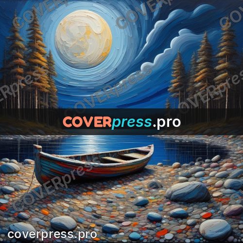 Acrylic illustration: boat on the shore by moonlight