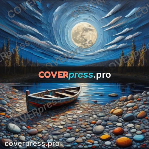 Acrylic illustration: boat on the shore by moonlight