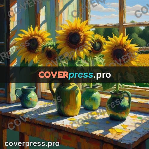 Acrylic illustration: sunflowers in a jug