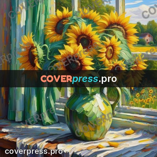 Acrylic illustration: sunflowers and jugs on a table