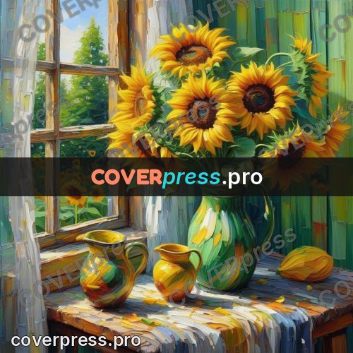 Acrylic illustration: sunflowers and jugs on a table