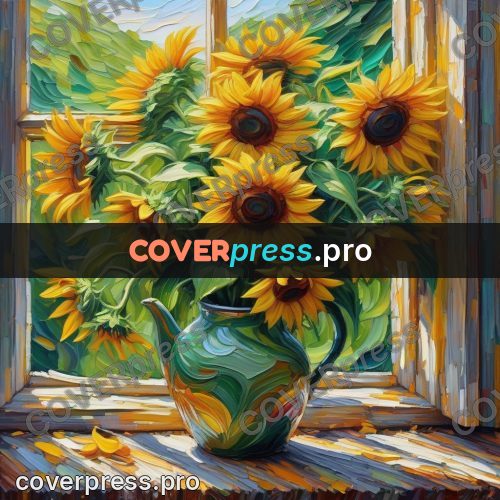 Acrylic illustration: sunflowers and jugs on a table