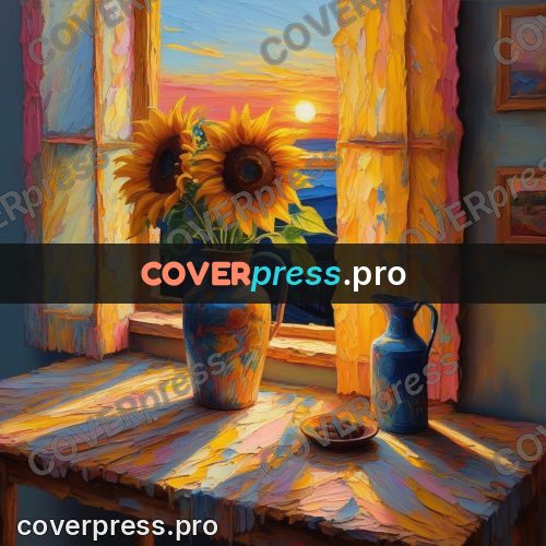 Acrylic illustration: sunflowers in a jug at dusk