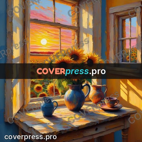Acrylic illustration: sunflowers in a jug at dusk