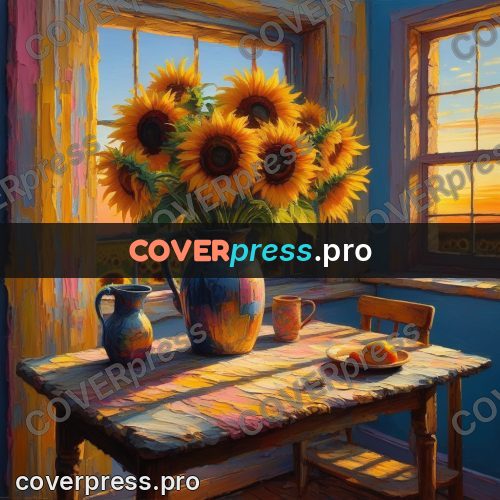 Acrylic illustration: sunflowers in a jug at dusk
