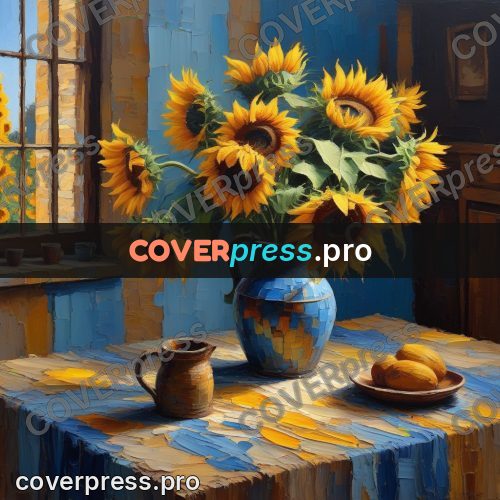 Acrylic illustration: sunflowers in a blue jug