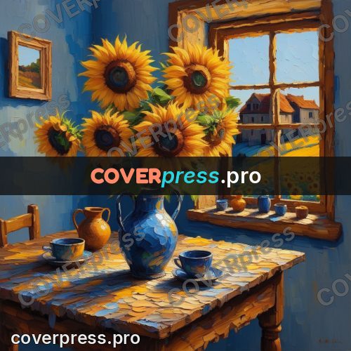 Acrylic illustration: sunflowers in a blue jug