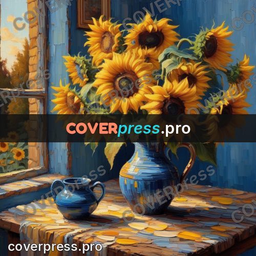 Acrylic illustration: sunflowers in a blue jug