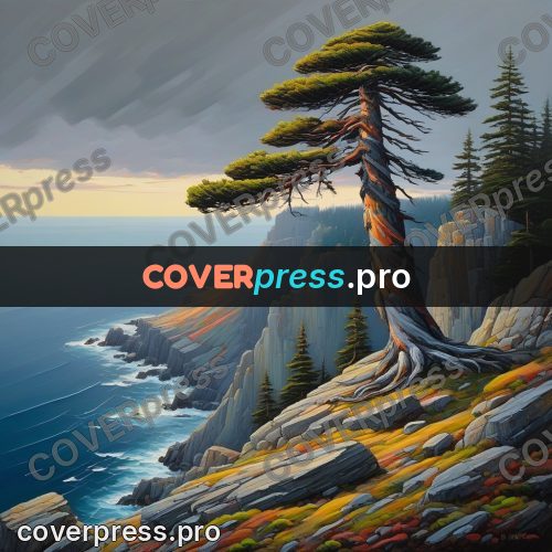 Acrylic illustration: pine on a sea cliff