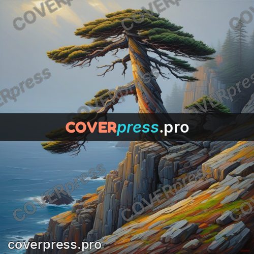 Acrylic illustration: pine on a sea cliff