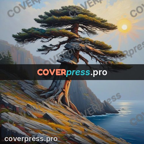Acrylic illustration: pine on a sea cliff