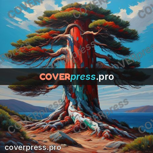 Acrylic illustration: big pine with a red trunk