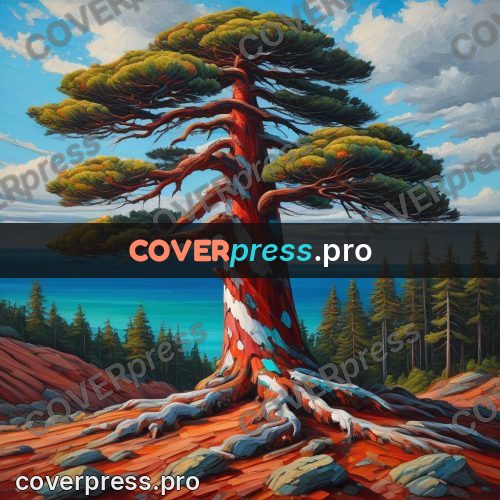 Acrylic illustration: big pine with a red trunk