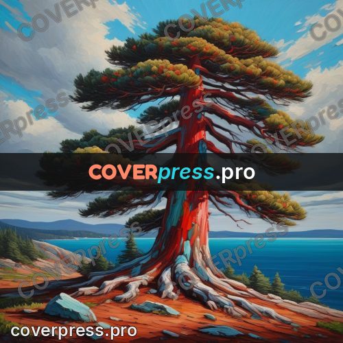 Acrylic illustration: big pine with a red trunk