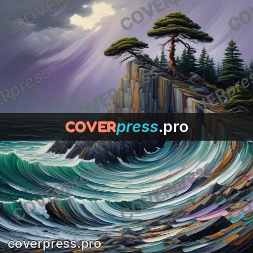 Acrylic illustration: rocky cape with pines
