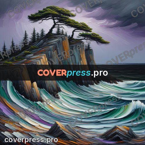 Acrylic illustration: rocky cape with pines
