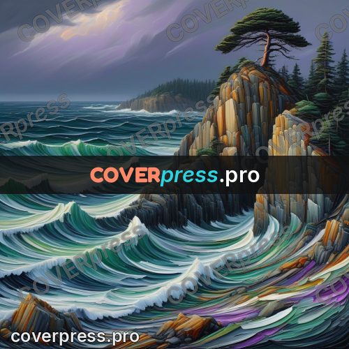 Acrylic illustration: rocky cape with pines