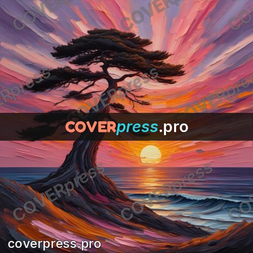 Acrylic illustration: pine silhouette at sunset