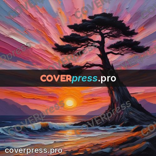 Acrylic illustration: pine silhouette at sunset