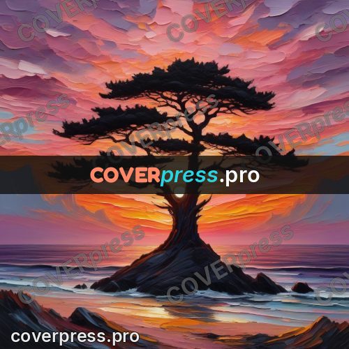 Acrylic illustration: pine silhouette at sunset