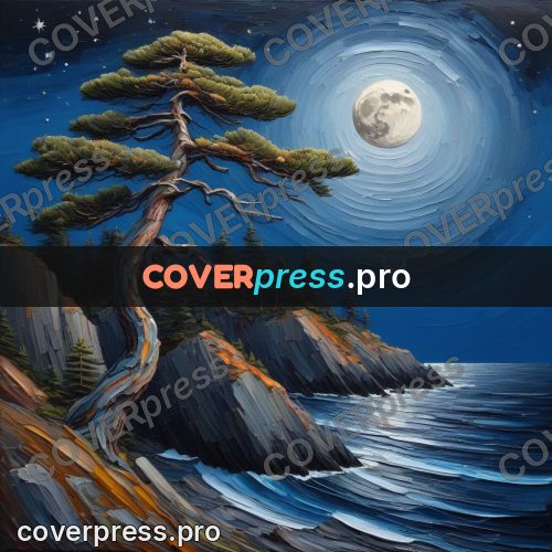 Acrylic illustration: cliff with pines under the moon