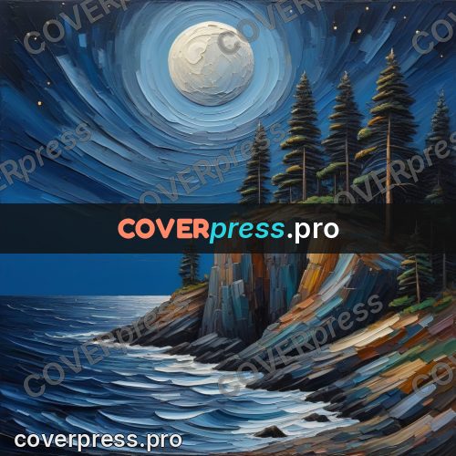 Acrylic illustration: cliff with pines under the moon