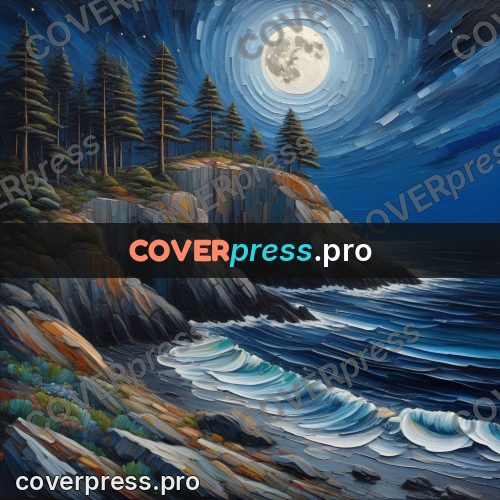 Acrylic illustration: cliff with pines under the moon