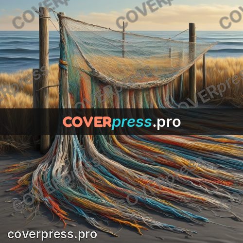 Acrylic illustration: fishing net on wooden posts