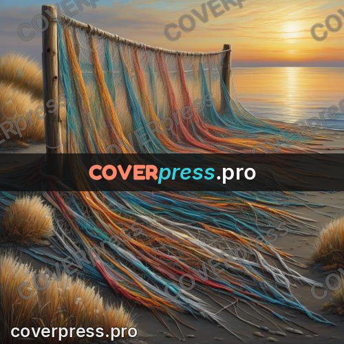 Acrylic illustration: fishing net on wooden posts