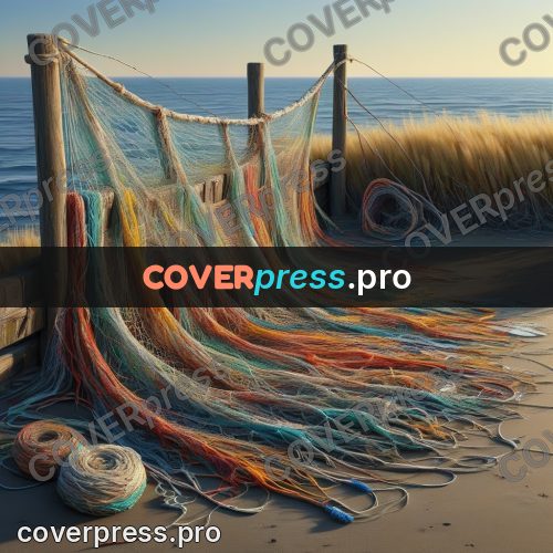 Acrylic illustration: fishing net on wooden posts
