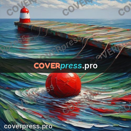 Acrylic illustration: red buoy by a pier