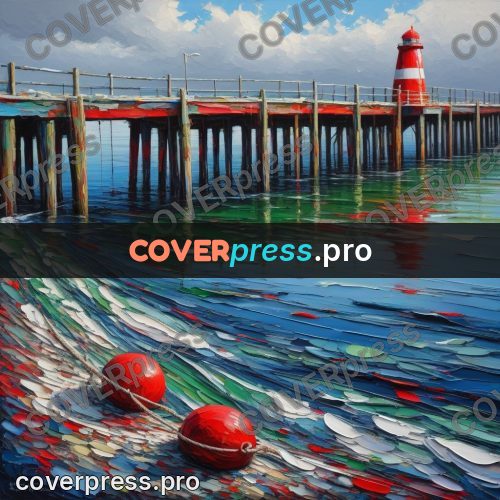 Acrylic illustration: red buoy by a pier