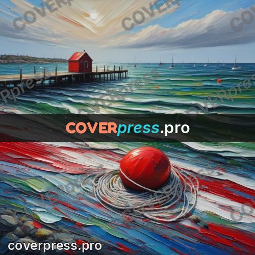 Acrylic illustration: red buoy by a pier