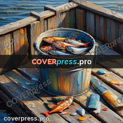 Acrylic illustration: fish on a wooden pier