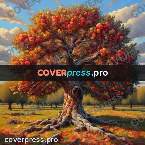 Acrylic illustration: apple tree with red apples