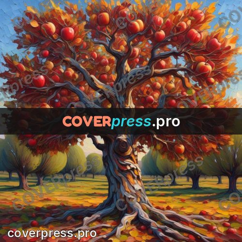 Acrylic illustration: apple tree with red apples