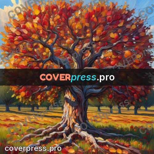 Acrylic illustration: apple tree with red apples