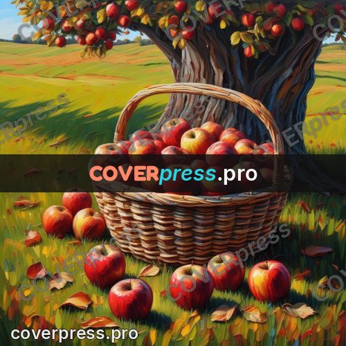 Acrylic illustration: basket of apples in the grass