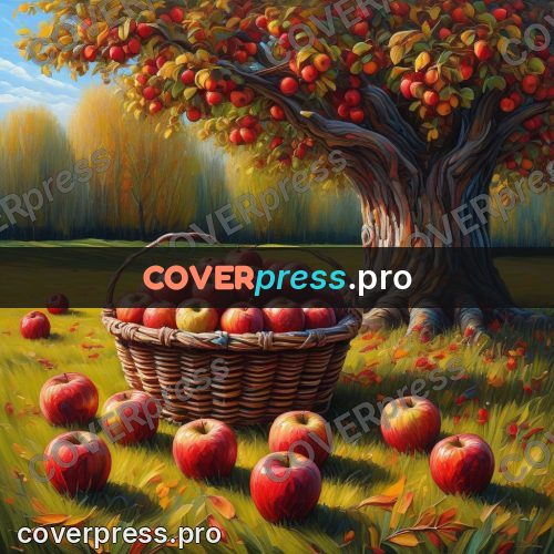 Acrylic illustration: basket of apples in the grass