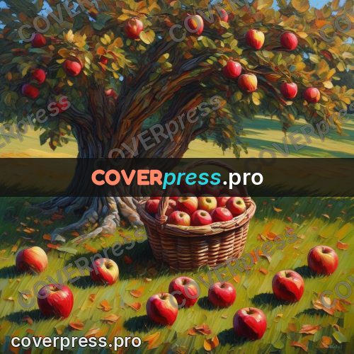 Acrylic illustration: basket of apples in the grass