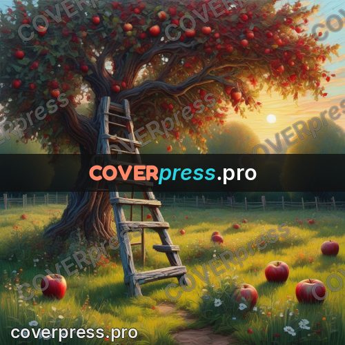 Acrylic illustration: ladder against an apple tree