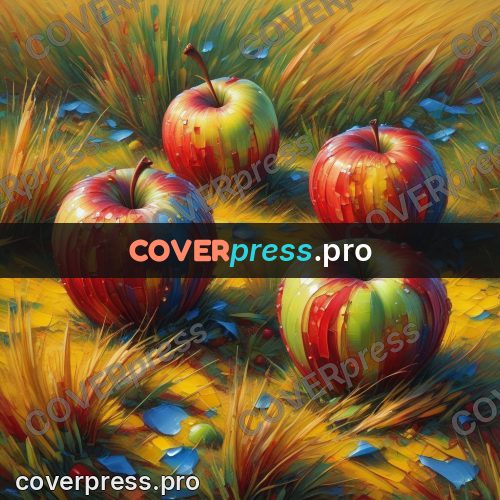 Acrylic illustration: apples in yellow grass