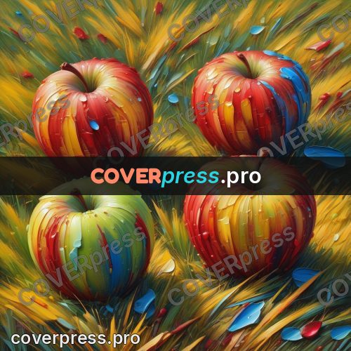 Acrylic illustration: apples in yellow grass