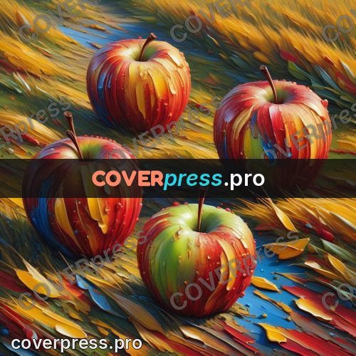 Acrylic illustration: apples in yellow grass