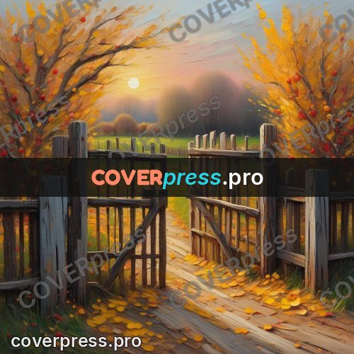 Acrylic illustration: wooden gate in an autumn orchard