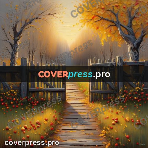 Acrylic illustration: wooden gate in an autumn orchard