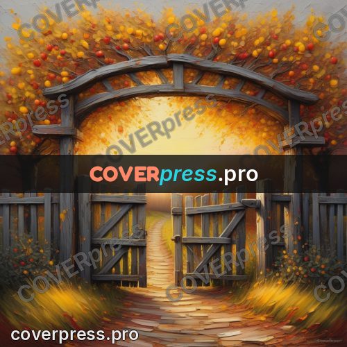 Acrylic illustration: wooden gate in an autumn orchard