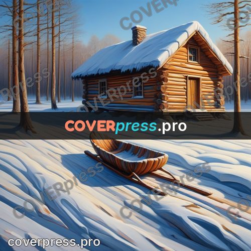 Acrylic illustration: wooden sledge by a log cabin
