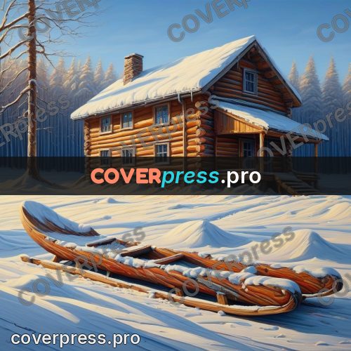Acrylic illustration: wooden sledge by a log cabin